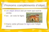 Pronoms compléments dobjet Un objet direct est un nom qui suit le verbe. ex: Je vois le tigre. Dans cette phrase le tigre est lobjet direct.