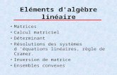 Eléments d'algèbre linéaire Matrices Calcul matriciel Déterminant Résolutions des systèmes d équations linéaires, règle de Cramer. Inversion de matrice.