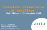 Industrie alimentaire et emballage Pack Vision – 19 novembre 2012 Bérénice MAZOYER Chef de projet qualité bmazoyer@ania.net.