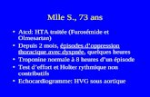 Mlle S., 73 ans Atcd: HTA traitée (Furosémide et Olmesartan) Depuis 2 mois, épisodes doppression thoracique avec dyspnée, quelques heures Troponine normale.