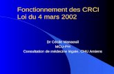 Fonctionnement des CRCI Loi du 4 mars 2002 Dr Cécile Manaouil MCU-PH Consultation de médecine légale, CHU Amiens.