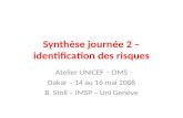 Synthèse journée 2 – identification des risques Atelier UNICEF – OMS Dakar – 14 au 16 mai 2008 B. Stoll – IMSP – Uni Genève.