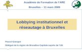 Lobbying institutionnel et réseautage à Bruxelles Pascal Goergen Délégué de la région de Bruxelles-Capitale auprès de lUE Académie de Formation de lARE.