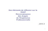 1 Des éléments de réflexion sur la RAEP Reconnaissance des Acquis de lExpérience Professionnelle 2013.