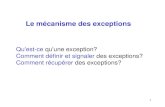 1 Le mécanisme des exceptions Qu'est-ce qu'une exception? Comment définir et signaler des exceptions? Comment récupérer des exceptions?