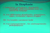 I. Définition, prévalence, diagnostic, étiologie, différenciation avec un retard de langage II. Les différentes dysphasies, symptômes, aides, évolution,