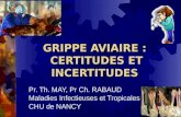 GRIPPE AVIAIRE : CERTITUDES ET INCERTITUDES Pr. Th. MAY, Pr Ch. RABAUD Maladies Infectieuses et Tropicales CHU de NANCY.
