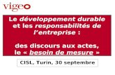 Le développement durable et les responsabilités de lentreprise : des discours aux actes, le « besoin de mesure » CISL, Turin, 30 septembre.
