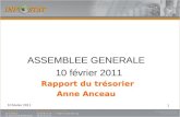1 ASSEMBLEE GENERALE 10 février 2011 Rapport du trésorier Anne Anceau 10 février 2011.