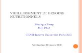 V IEILLISSEMENT ET B ESOINS N UTRITIONNELS Monique Ferry MD, PhD CRNH-Inserm Université Paris XIII Séminaire 30 mars 2011.