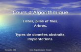 Cours d'algorithmique 2 - Intranet 1 8 novembre 2006 Cours dAlgorithmique Listes, piles et files. Arbres. Types de données abstraits. Implantations.