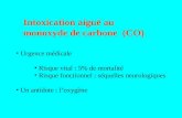 Intoxication aiguë au monoxyde de carbone (CO) Urgence médicale Risque vital : 5% de mortalité Risque fonctionnel : séquelles neurologiques Un antidote.
