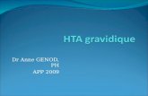 Dr Anne GENOD, PH APP 2009. Définition - Classification Définition TA diast >= 90 mmHg +/- TA syst >= 140 mmHg Classification HTA antérieure à la grossesse.