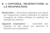 II- LAPPAREIL RESPIRATOIRE et LA RESPIRATION Respiration : mécanisme physique par lequel les organismes vivants prélèvent et utilisent l'oxygène du milieu