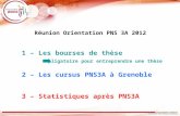 1 – Les bourses de thèse 2 – Les cursus PNS3A à Grenoble 3 – Statistiques après PNS3A Obligatoire pour entreprendre une thèse Réunion Orientation PNS 3A.