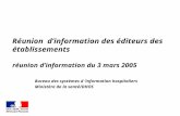 Réunion dinformation des éditeurs des établissements réunion dinformation du 3 mars 2005 Bureau des systèmes d information hospitaliers Ministère de la.