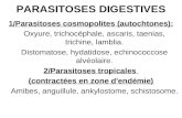PARASITOSES DIGESTIVES 1/Parasitoses cosmopolites (autochtones): Oxyure, trichocéphale, ascaris, taenias, trichine, lamblia. Distomatose, hydatidose, echinococcose.