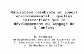 Maturation cérébrale et apport environnemental : quelles interactions sur le développement du langage de l enfant D. CRUNELLE Orthophoniste, Docteur en.