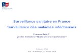 Surveillance sanitaire en France Surveillance des maladies infectieuses Pourquoi faire ? Quelles modalités ? Quels acteurs et partenaires? Dr Dounia BITAR.