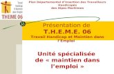 Présentation de T.H.E.M.E. 06 Travail Handicap et Maintien dans lEmploi Unité spécialisée de « maintien dans lemploi » Plan Départemental dInsertion des.