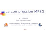MPEG1 La compression MPEG A. Quidelleur SRC2 Meaux 2008-2009 Culture Scientifique et Traitement de lInformation Numérisation des systèmes audio et vidéo.