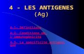 4 - LES ANTIGENES (Ag) 4-1- Définitions 4-2- Conditions de limmunogénicité 4-3- La spécificité antigénique.