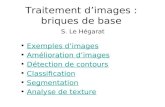 Traitement dimages : briques de base S. Le Hégarat Exemples dimages Amélioration dimages Détection de contours Classification Segmentation Analyse de texture.