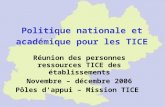 Politique nationale et académique pour les TICE Réunion des personnes ressources TICE des établissements Novembre – décembre 2006 Pôles d'appui – Mission.