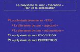 La polysémie du mot « évocation » Plan de la présentation La polysémie des noms en –TION Le glissement de sens « aspectuel » Le glissement de sens « métonymique