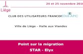 CLUB DES UTILISATEURS FRANCOPHONES STAR- APIC Ville de Liège – Halle aux Viandes 24 et 25 novembre 2010 Point sur la migration STAR - Elyx.