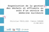 Organisation de la gestion des déchets et effluents au sein dun service de médecine nucléaire Christian FOUILLOUX- Fabien DURAND 21/06/2013.