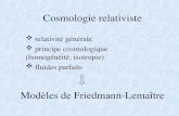 Cosmologie relativiste relativité générale principe cosmologique (homogénéité, isotropie) fluides parfaits Modèles de Friedmann-Lemaître.