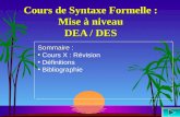 Cours de Syntaxe Formelle : Mise à niveau DEA / DES Sommaire : Cours X : RévisionCours X : Révision Définitions Bibliographie.