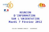 REUNION DINFORMATION SUR LORIENTATION Mardi 7 Février 2012 COLLEGE FERNANDE BENOIST - HAZEBROUCK.