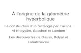 À lorigine de la géométrie hyperbolique La construction dun rectangle par Euclide, Al-Khayyâm, Saccheri et Lambert Les découvertes de Gauss, Bolyaï et.