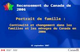 Portrait de famille : Continuité et changement dans les familles et les ménages du Canada en 2006 Recensement du Canada de 2006 12 septembre 2007.