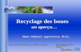 Recyclage des boues un aperçu… Marc Hébert, agronome, M.Sc. Direction des politiques en milieu terrestre.