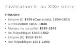 Civilisation fr. au XIXe siècle Histoire Empire (I) 1799 (Consulat), 1804-1815 Restauration 1815 -1830 Monarchie de juillet 1830-1848 IIe République 1848-1852.