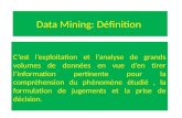 Data Mining: Définition Cest lexploitation et lanalyse de grands volumes de données en vue den tirer linformation pertinente pour la compréhension du phénomène.