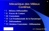 Mécanique des Milieux Continus I Milieux Déformables II Forces de Contact III Contraintes IV Loi Fondamentale de la Dynamique V Déformations VI Relation.