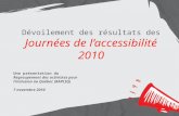Dévoilement des résultats des Journées de laccessibilité 2010 Une présentation du Regroupement des activistes pour linclusion au Québec (RAPLIQ) 7 novembre.