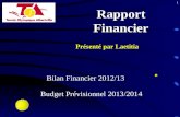 Rapport Financier Présenté par Laetitia 1 Bilan Financier 2012/13 Budget Prévisionnel 2013/2014.