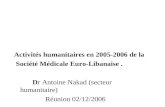 Activités humanitaires en 2005-2006 de la Société Médicale Euro-Libanaise. Dr Antoine Nakad (secteur humanitaire) Réunion 02/12/2006.