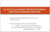 Intégration du BEP MSA au sein du Bac pro GA Projet Prévisionnel de Formation : PFMP - Espaces Professionnels – Environnement numérique – Scenarii pédagogiques.