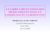 LA LIBRE CIRCULATION DES MEDICAMENTS DANS LA COMMUNAUTE EUROPEENNE MARCELLA DE SMEDT Clinical Pharmacist Saint-Marc 16/11/2006.