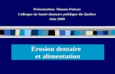 Érosion dentaire et alimentation Présentation: Manon Poitras Colloque de Santé dentaire publique du Québec Juin 2009.