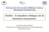 Atelier : Evaluation clinique de la fonction musculaire Dr Abderrazak HAJJIOUI Professeur de Médecine Physique et de Réadaptation CHU Hassan II Fès Demi-journée.