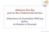 SAIO Nice – janvier 2014 Admission Post-Bac pour les Bacs Professionnels Services Présentation de la procédure APB aux lycéens de Première et Terminale.