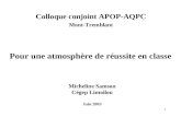 1 Pour une atmosphère de réussite en classe Micheline Samson Cégep Limoilou Juin 2003 Colloque conjoint APOP-AQPC Mont-Tremblant.