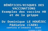 BÉNÉFICES/RISQUES DES VACCINATIONS Exemples des vaccins HB et de la grippe Dr Dominique LE HOUÉZEC Pédiatre (CAEN) conflits d'intérets : néant Dr Dominique.